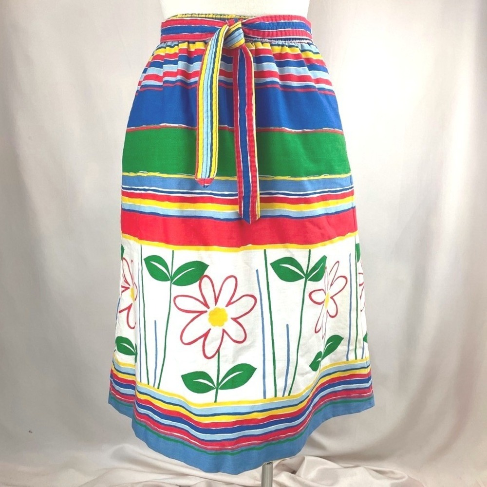 Vintage 70s A-Line Skirt Womens (28) Floral‎ Sash Pockets Cottage Mod Stripe USA